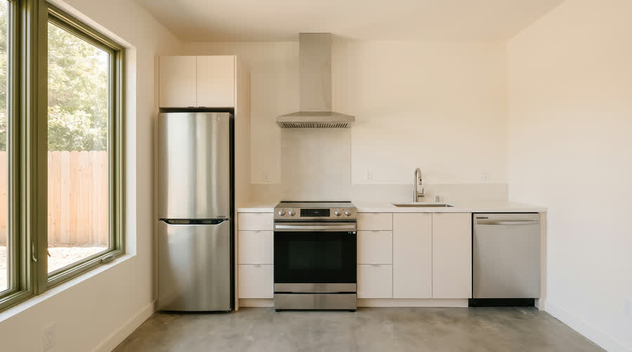 CADU interior showing the entry-level stainless appliance package.