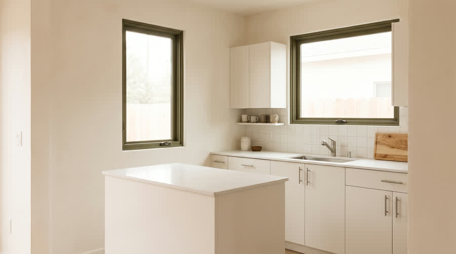 CADU interior showing plain laminate fronts and a thin quartz counter.