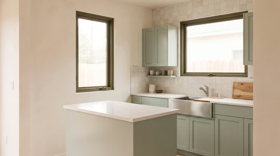 CADU interior showing painted shaker fronts with a full-height tile backsplash.