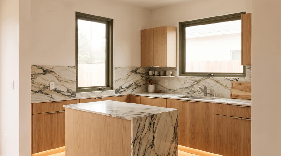 CADU interior showing white oak fronts with a book-matched stone waterfall island.