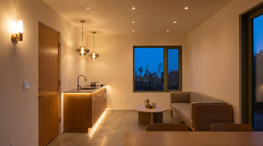 CADU interior showing pendants, a sconce and under-cabinet lighting.
